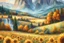 Placeholder: A field of Sunflowers. Beyond is a mountain range , with waterfall of autumn trees in water color.