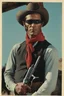 Placeholder: Full Color - Extremely muscular E.A. Presley aka the LONE RANGER, extremely over exaggerated muscles, short, dark, crew-cut hair, large, curved down nose, large square chin, dark, intense eyes, light blue, skintight, formfitting cotton jumpsuit, red kerchief bandana, black venetian mask, double holstered utility belt, two Colt 45 caliber pistols, knee-high cowboy boo