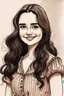 Placeholder: A girl in her late twenties, with slightly sharp features, long black hair and hazel eyes with a happy smirk, wearing a Chanel dress, with a rustic look, drawn with crayon