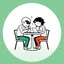 Placeholder: A circular logo in a distinctive green color, with two people sitting around a two-person table with their heads shaped like coffee cups, one drinking coffee and the other working on their laptop.