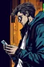 Placeholder: man, profile, cyberpunk, holding a cellphone, comic book art style, geek, engineer, t-shirt, jeans, drug addict, hoodie,
