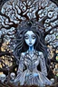 Placeholder: A painting depicting a surreal ghostly woman with ghostly white skin in Tim Burton style, high details, surrounded by various strange mystic trees. Her eyes are close open, and her is long messy dark hair. she holding a black heart, adding a unique surreal and sinister style to the artwork, etheral, weird plants, otherworldly, dark mood