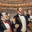 Placeholder: Tribute to opera, from perspective of the stage the Three Tenors in front of adoring opera crowd at the Met opera house, high society black tie affair, opera motifs and aesthetic, beautiful elegant impressionist painting by Renoir, loose brush strokes, colorful, dramatic, Pavoratti, Domingo, Carreras