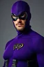 Placeholder: full-length, A portrait of a the Phantom, a man with piercing blue eyes, a chiseled jaw, goatee, timeless face, stern expression, Wearing a skintight formfitting purple cotton hero suit with a skintight cowl with a widows peak that fits tight to his head, but does not cover his face, he wears a thin, black leather, bandit eye disguise over his eyes, black and blue diagonally striped trunks, dual-holstered pistol belt adorned with a triangle skull-shaped buckle with leg straps, knee-high boots