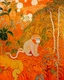 Placeholder: A light rosy orange colored jungle with gorillas designed in Australian aboriginal art painted by Gustav Klimt