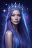 Placeholder: cosmic beautiful woman, with long, straight hair with blue and purple highlights tiara on the hair, in a peaceful background with a cosmic blue purple background , stars