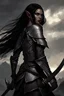 Placeholder: SA female elf with skin the color of storm clouds, deep grey, stands ready for battle. Her long black hair flows behind her like a shadow, while her eyes gleam with a fierce silver light. Despite the grim set of her mouth, there's a undeniable beauty in her fierce countenance. She's been in a fight, evidenced by the ragged state of her leather armor and the red cape that's seen better days, edges frayed and torn. In her hands, she grips two daggers, add dark shadow mystic purple flames