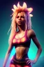 Placeholder: Shakira, artist, 30 years old, Realistic image, waist up portrait, etro style dress. Blonde, feathers, loose long hair, eyes make up, perfect, glow, circle iris. Neon colors, leds, geometric shapes. Dark background, photo studio, neon lights. Cyberpunk, concept art, smooth, unreal engine 5, god lights, ray tracing, RTX, lumen lighting, ultra detail, volumetric lighting, 3d, finely drawn, high definition, 4k.