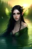Placeholder: retrato de un hada humanizada de pelo largo negro, ojos verdes y alas grandes en un estanque al amanecer bañandose