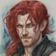 Placeholder: dnd, fantasy, watercolour, large strokes, stylistic, portrait, illustration, dull colours, male, face, narrow long face, weathered face, green eyes, determined, smiling, red hair, very long hair streaming down the shoulders, lush hair, radiating light, five o'clock shadow, elegant, short small mouth