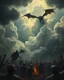 Placeholder: Bosch painting style, nightmare , people suffering in hell , dramatic, great quality picture with cinematic scenes , show heavy clouds and hooded devils with wings hovering the sky in the background