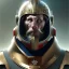 Placeholder: portrait, upper body of grand scam man, small helmet, hairy chest, and bigger plans, movie poster illustration art