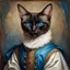 Placeholder: Renaissance Portrait of a Siamese cat wearing classic mediveal outfit, oil painting texture, piercing blue eyes