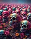 Placeholder: a field of skulls growing from the ground like fungus, multi colored, bright, vivid, psychedelicl, high detailed, matte,