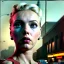 Placeholder: Ultra Realistic retro sci-fi movie explosion Supermarket parking scene, 1960 year, waist up view portrait, blonde woman, sweet scarlet Johansson face, perfect iris, glow eyes, face makeup, tight latex coat; many people looking, Retro sci-fi style, soft color, highly detailed, unreal engine 5, ray tracing, RTX, lumen lighting, ultra detail, volumetric lighting, 3d, finely drawn, high definition, high resolution.
