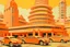 Placeholder: A light rosy orange colored city with cars painted by Frank Lloyd Wright