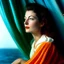 Placeholder: Ava Gardner A white curtain above the sea, turquoise, pink, orange, yellow, wind blowing
