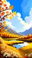 Placeholder: view of autumn mountain landscape at the golden hour with clouds at the sky on a river with autumn branch ,leaves and white flowers on the side ,oil paint style