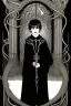 Placeholder: 7 year old boy, necromancer, friendly, looks dead,with a lamprey serpent , wearing black robes, in the style of Harry Clarke
