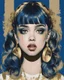 Placeholder: Poster in two gradually, a one side the Singer Danish MØ face, and other side the Singer Melanie Martinez face, symmetry, painting by Yoji Shinkawa, darkblue and gold tones,