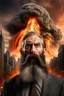 Placeholder: A volcano exploding over a New York City, inside the explosion a a transparent face of a man with long beard with big open eyes