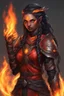 Placeholder: Paladin druid female made from fire . Hair is long and bright black some braids and it is on fire. Eyes are noticeably red color, fire reflects. Make fire with hands . Has a big scar over whole face. Skin color is dark