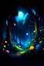 Placeholder: bosque mágico, de noche, la luna en el fondo ilumina, flores neón, arboles iluminados por luciérnagas,