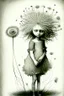 Placeholder: pencil and charcoal sketch of a cute happy little dandelion fairy girl, Mucha inspired emotional nature ephemeral sculptures of Andy Goldsworthy, tiny human form, essence captured as if created by surrealist photographer Noel S Osvald rendered in bright ombre colors, mixed with influences by John Bauer and Tim Burton, faded dark grey background, minimalistic art, with details that reflect advanced rendering techniques that push the drawing's realism even further Modifiers: trending on Artstation