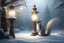 Placeholder: Winter landscape, delicate white velvety clouds, lanterns, small Christmas trees, frost, a small very cute realistic squirrel with detailed fur drawing, with very beautiful clear eyes, light snow, mystical haze, gentle dawn, hyper realistic, beautiful, lumen, professional photo, beautiful, high resolution, cgi,f/16, 1/300s, high detailed digital painting