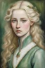 Placeholder: aged 16, epitomizes Targaryen allure with her golden locks and sweet sapphire eyes. slender frame adorned with delicate features, framed with her porcelain skin and soft high cheekbones. soft make up. Painted oil painting. Dressed in greens, modest