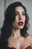 Placeholder: an extremely ugly abomination of a girl with great big pouty lips:1.5 and a humongous nose:1.5, wide set slanted soft blue eyes, extremely pointed chin, black hair, Wonder Woman, medium long shot, wide angle shot, full body image, head to toe, red lipstick