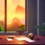 Placeholder: desk, parquet, sheet of paper, little pen, in front of a huge picture window with large view on a waterfall with warm light, sunset ,pixar style, panorama, nature, globe, HD, Hallelujah mountains