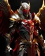 Placeholder: silver and gold armor with glowing red eyes, and a ghostly red flowing cape, crimson trim flows throughout the armor, the helmet is fully covering the face, black and red spikes erupt from the shoulder pads, crimson and gold angel like wings are erupting from the back, crimson hair coming out the helmet