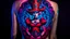 Placeholder: An amazing dark psytrance art tattoo of The Red Queen from Twisted Alice in Wonderland on a human back, on a dark background under UV light, vivid and vibrant neon tattoo ink, detailed, intricate, high contrast.