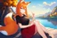 Placeholder: Girl, fox ears, one big fox tail, orange hair, red skirt, river, fox foot , sit on the shore, purple fox eyes, black T-shirt, fox hand