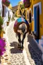 Placeholder: donkey on a path in Thira, Greece, baskets with vegetables on his back, cobblestone pavement, hyper realistic, detailed, accurate, beautifully ornamented houses, open aperture, style Isabel Kreitz