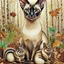 Placeholder: mixed-media picture of an autumn forest, a sitting up Oriental shorthair Siamese cat , with chipmunks and squirrels created in the style of Bohdan Pylypiv — combining pyrography with delicate watercolor accents. The main outlines and facial features are rendered with fine woodburned lines, rich in sepia, black, grey, green and brown tones and texture, pastel colors