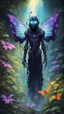 Placeholder: portrait of masked ninja angel wing butterfly dementor psychedelic interdimensional robot in the garden, waterfall and elves ,lotsa wild weed, in spotlight, magazine cover illustration with spray paint, signed, bokeh like, down-light, unreal engine, prize winning