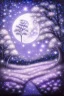 Placeholder: a background of softly blended blues, greys, silvers, purples, and whites with distant, twinkling stars in the sky, an a spherical serene moon, casting a soft glow of light on a foreground of a field of various flowers surrounding a tree of life