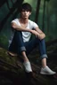 Placeholder: thin 17 year old male with short dark hair and blue eyes wearing a ripped and dirty white teeshirt sitting on a log , photorealistic, 4k, dark fantasy