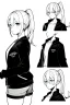 Placeholder: blonde girl with ponytails dressed in a jacket and shorts walks briskly, front view, greyscale