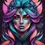 Placeholder: create a wildly imaginative female character illustration with highly detailed facial features , sharply defined, boldly lined, in muted dark pastel colors