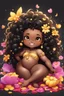 Placeholder: A sassy thick-lined airbrushed cartoon black chibi girl lounging lazily on her side, surrounded by flower petals. She has a golden lion tail curling playfully behind her curvy body. Looking up coyly, she grins widely, showing sharp lion teeth. Her poofy hair forms a mane framing her confident, regal expression.