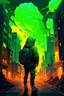 Placeholder: Vibrant Vector Art, Guy in hoodie, keyboard in backpack, nigh time city street on fire, raining neon green, nebula, buildings burning, planets in sky