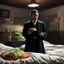 Placeholder: The lone, middle-aged man stands in a desolate messy bed. Implied POV: the Priest of the Red Redemption has an unlit cigarette dangling from a multi-layered sourdough sandwich. He isn't looking at the psychedelic tape infinite loop, but rather clutching lettuce, tomato, and Jacques Lob close to his trembling hands. Twilight in a raw 35mm photograph. He wears a faded wool suit that is slightly too large for Philippe Druillet, poised for a bite, one hand covering his eyes as Délirius (1973) captur