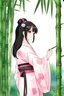 Placeholder: Cute Japanese girl, with pink eyes, dressed in her pink kimono and a black haori, black long hair with reddish tips, a piece of bamboo covering her mouth