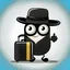 Placeholder: Social Media Design suitcase has eyes, a mouth, eyes, hands and legs, a cute smiley, wearing a black hat and carrying a passport. Comic shape. . A simple background. Give me the image with the best automated atmosphere. Sinai. Darmi.