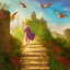 Placeholder:  Castle into sky, with flowers of fire. Green clouds and birds. Shy girl going out of the main gate. Detailed painting, soft color, medieval, intricate detail, far sceen, complementary colors, medieval concept art, spring.