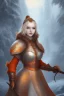 Placeholder: Beautiful medieval girl, wearing orange glowing armor, snow mountain background, snow, fur cloak