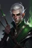 Placeholder: Portrait of male rogue elf, mauve hair, bright green eyes, disheveled, smoking cigarette, bow and arrow, black leather armor